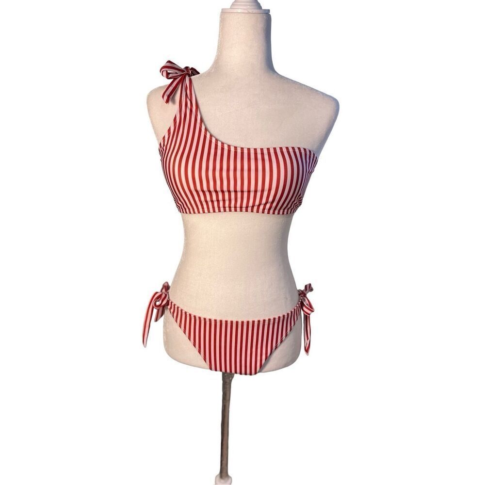 NWOT one-shoulder red and white striped bikini - L